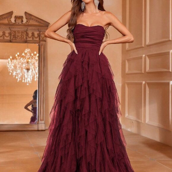 Burgundy Preppy Womens Solid Ruched Tube Wedding Dress - Picture 4 of 5